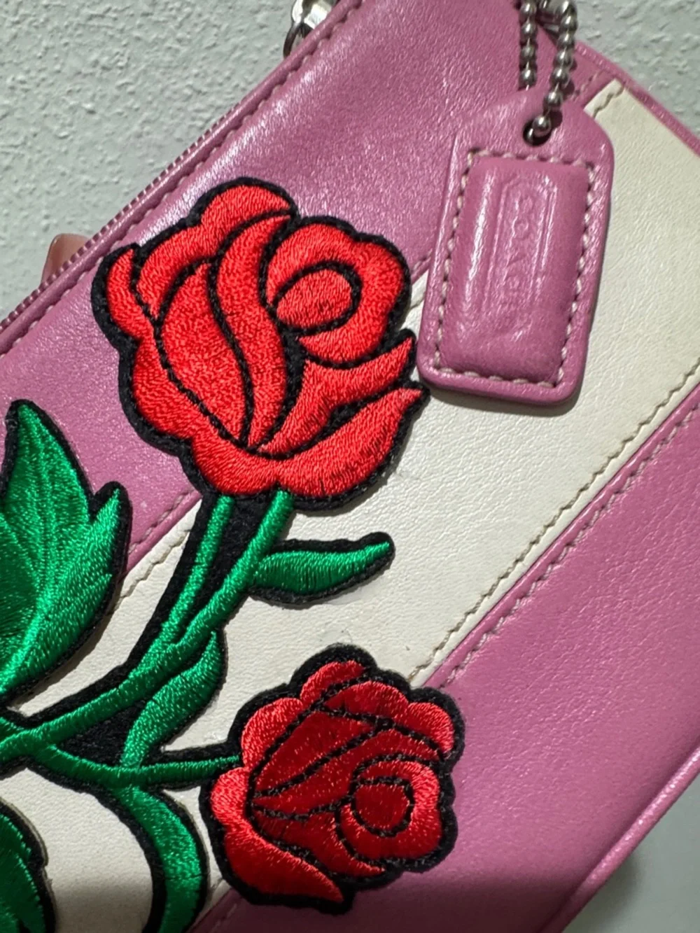 Rare Coach Pink Rose Appliqué Wristlet with Cream Stripe